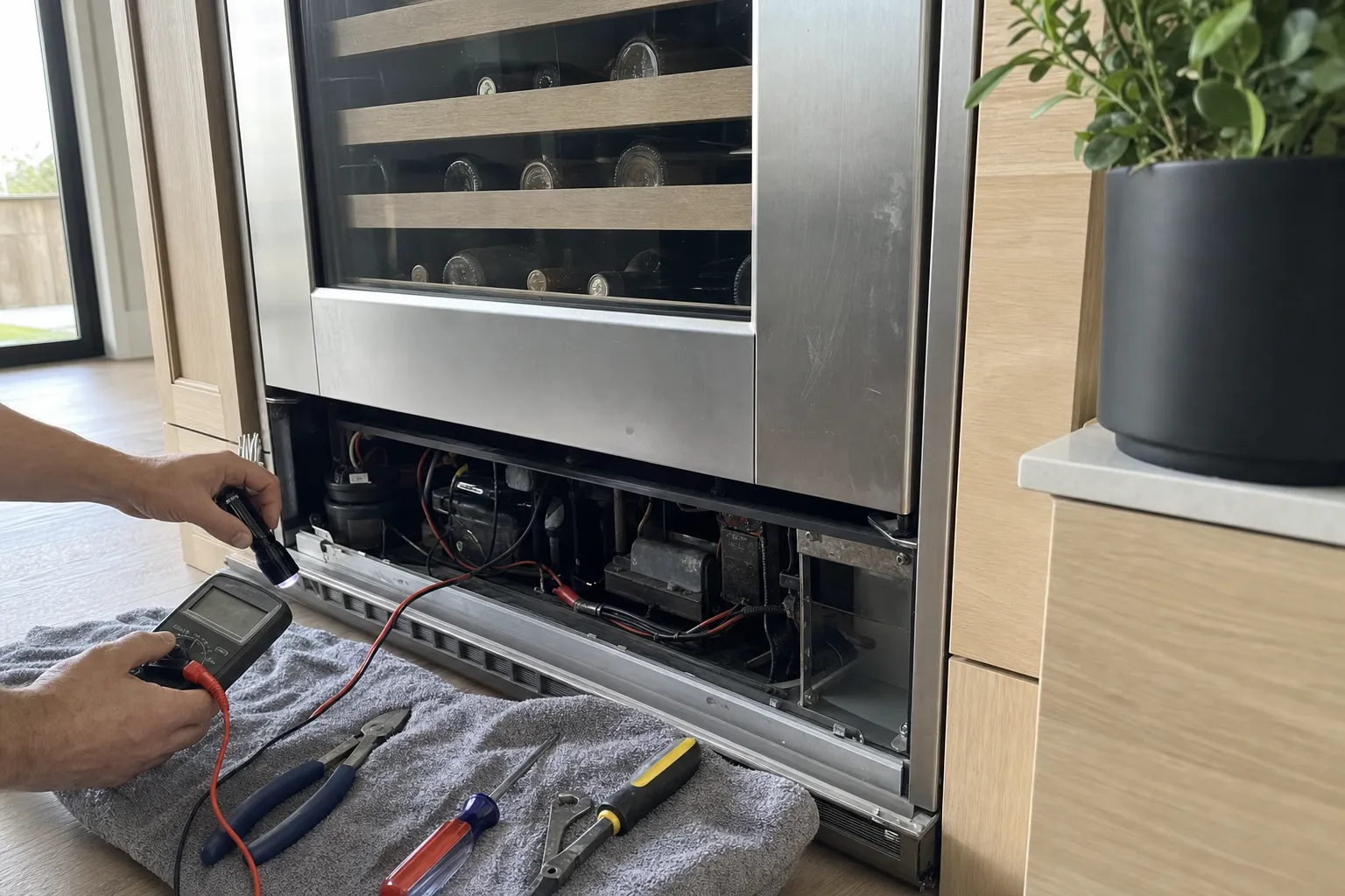 Undercounter wine unit with bottles on wooden racks behind its glass door, the kickplate removed and a hand holding a flashlight and meter leads at the machine bay, tools on a grey towel